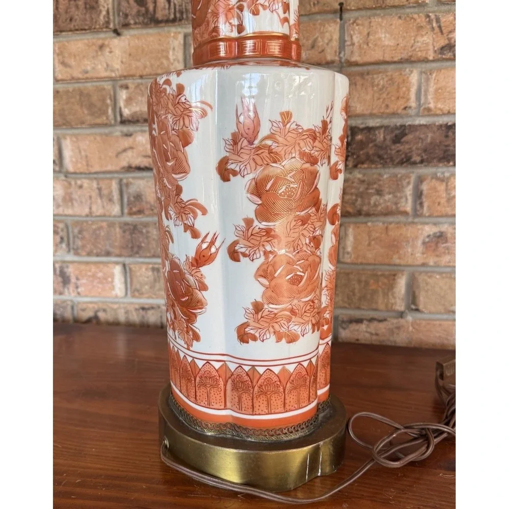 Vintage Kutani Style Porcelain Table Lamp Red‎ Floral Chinoiserie Asian Decor